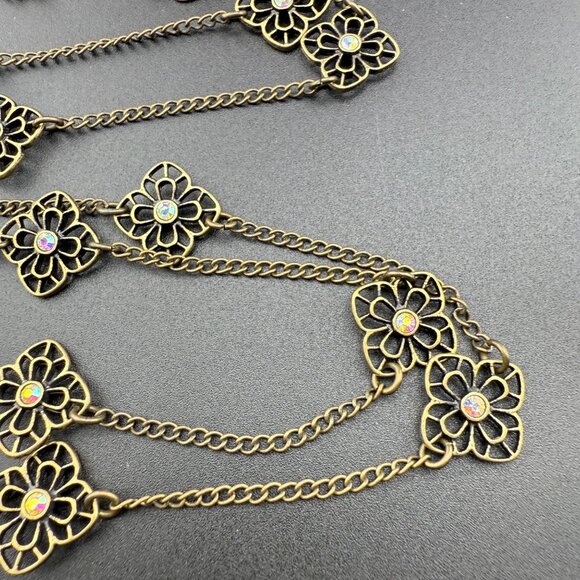 Premier Designs Long Strand Flower Necklace With Crystal Accents Brass And Gold - Picture 7 of 9